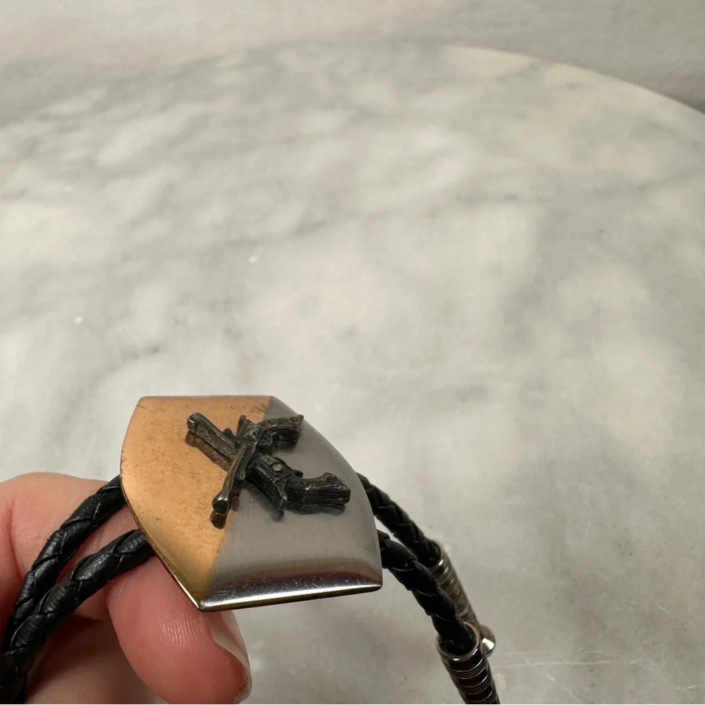 Bolo tie pistol western cowboy Black‎ Silver leather gun revolver braided gold